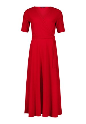 Red midi wrap dress with short sleeves and a side tie belt, featuring a V-neckline and a flowing A-line skirt.