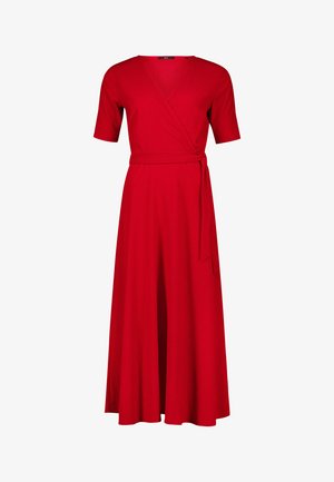 Red midi wrap dress with short sleeves and a side tie belt, featuring a V-neckline and a flowing A-line skirt.
