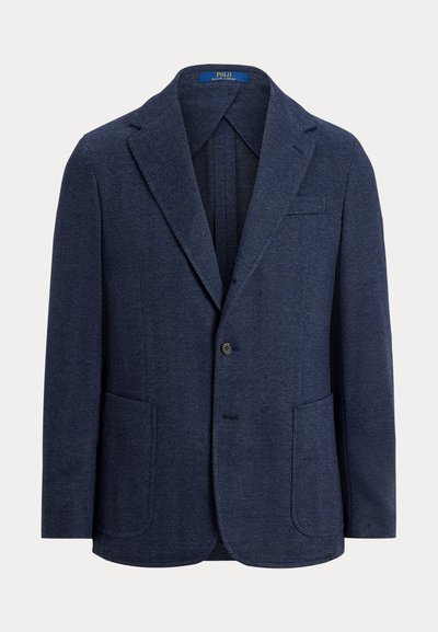 Navy blue blazer in a herringbone pattern, featuring a single button, notch lapels, two front pockets, and a soft texture.