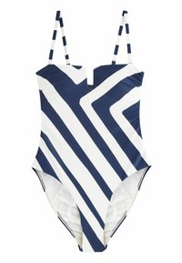 Marineblauwe en witte badpak met diagonale strepen, ronde halslijn en verstelbare dunne bandjes; gladde stof met een V-vormige uitsnijding.