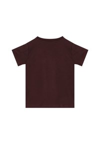 Bordová bavlněná tričko, krátké rukávy, kulatý výstřih, jednofarebné, bez grafiky nebo vzorů, jednoduchý a nezdobený design.