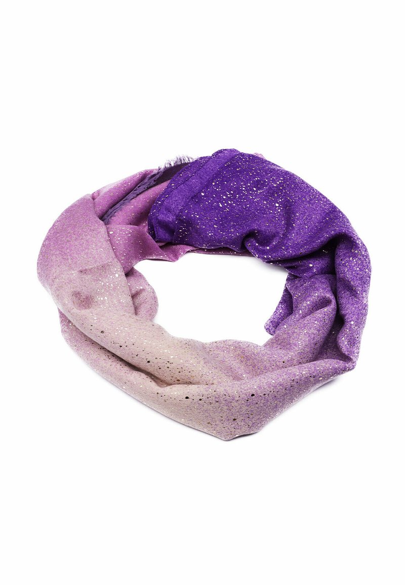 Sciarpa ombre viola e rosa con dettagli in glitter argento, disposta in un'anello sciolto su uno sfondo bianco.