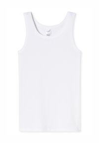White tank top made of organic cotton, featuring a round neckline, wide shoulder straps, and a smooth, soft texture with no visible patterns.