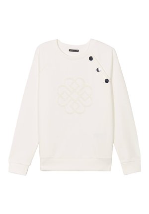 Felpa bianca con maniche lunghe, collo rotondo, motivo a nodi testurizzati nella parte anteriore e tre bottoni neri sulla spalla.