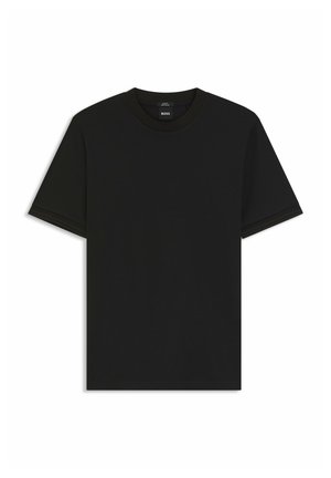 Czarny krótki T-shirt z okrągłym dekoltem, z małą metką "BOSS" wewnątrz kołnierzyka, rozłożony płasko na białym tle.