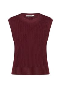 Bordeaux neule villatakkia ilman hihoja, jossa on ribbikuviointi, pyöreä pääntie ja hienovaraiset kuviot koko kankaan läpi.