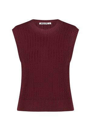 Burgunderfarbener, gestrickter ärmelloser Pullover mit strukturiertem Rippmuster, rundem Ausschnitt und dezenten Mustern im gesamten Stoff.