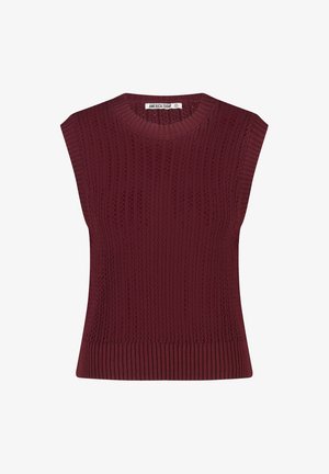 Burgunderfarbener, gestrickter ärmelloser Pullover mit strukturiertem Rippmuster, rundem Ausschnitt und dezenten Mustern im gesamten Stoff.