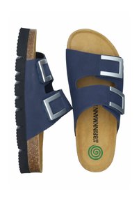 Navy blue slide sandals made of smooth leather, featuring two silver buckles, a textured rubber outsole, and a cork footbed.