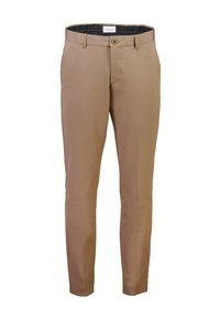 Pantaloni slim fit in tessuto marrone chiaro, con chiusura a bottone e passanti per cintura. Texture liscia con design su misura e fronte piatto.