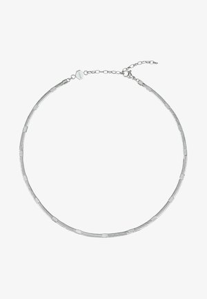 Zilverkleurige choker ketting met een textuur, flexibele vormgeving. Beschikt over kleine, gladde secties en een sluiting met een verstelbare ketting.
