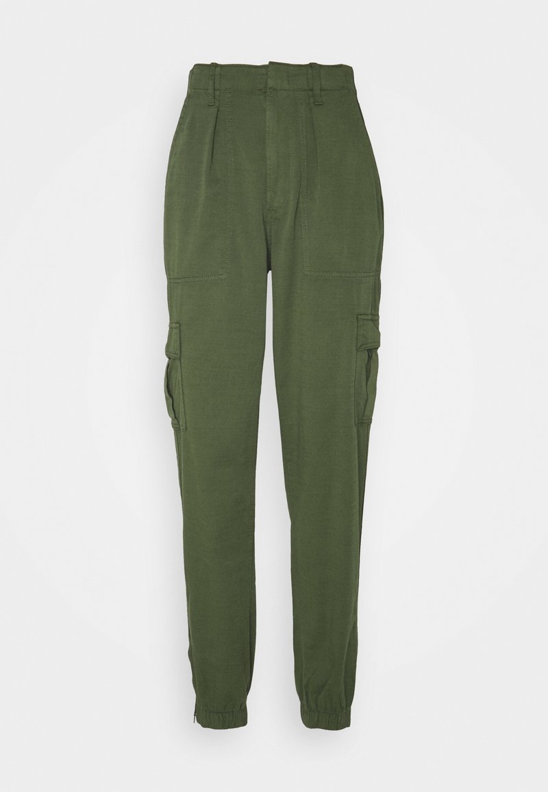 Green cargo pants made from a smooth fabric. Features include elastic cuffs, multiple pockets, and a high waist design.