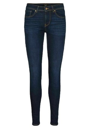 Tamsiai mėlynos džinsinės liesos kelnės su aukštu liemeniu, subtiliu nudilimusi, penkiomis kišenėmis ir oranžiniais siuvinėjimais. Lygus tekstūros paviršius su prigludusia siluetu.