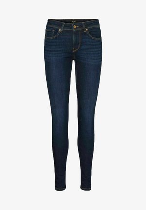 Dark denim skinny jeans with a high waistband, subtle fading, five pockets, and orange stitching accents. Smooth texture with a fitted silhouette.