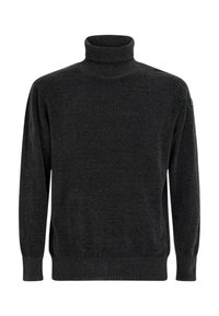 Maglione a collo alto grigio scuro realizzato in tessuto morbido, con maniche lunghe, colletto aderente e bordo e polsini a costine.