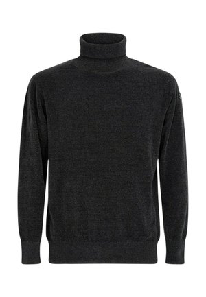 Maglione a collo alto grigio scuro realizzato in tessuto morbido, con maniche lunghe, colletto aderente e bordo e polsini a costine.