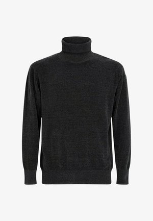 Maglione a collo alto grigio scuro realizzato in tessuto morbido, con maniche lunghe, colletto aderente e bordo e polsini a costine.