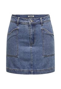 Gonna di jeans blu medio con taglio dritto, dotata di due grandi tasche frontali, chiusura con bottone e passanti per cintura in vita.
