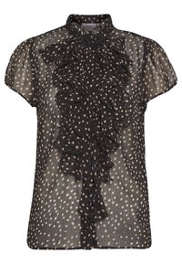 Blusa nera trasparente con pois bianchi, caratterizzata da dettagli arricciati e un alto colletto. Maniche corte e un design con bottoni sul davanti.