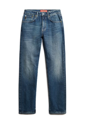 Blue denim jeans featuring a straight leg design, five pockets, faded detailing on the front, and a red branded waistband label.