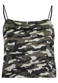 Canotta mimetica con spalline sottili nere, realizzata in tessuto leggero nelle tonalità di verde, nero e bianco, caratterizzata da una texture fluida e trasparente.