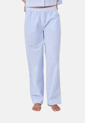 Light blue and white striped pajama pants, made from soft fabric, featuring an elastic waistband and three decorative buttons at the front.