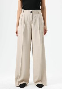 Beige broek met wijde pijpen, hoge taille, plooien en knoopsluiting aan de voorkant. Gladde stof met een vloeiende vorm en een minimalistisch ontwerp.