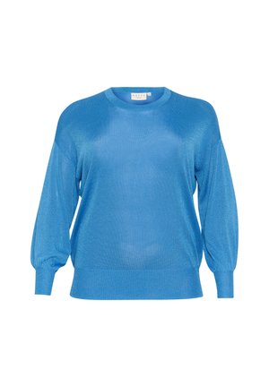 Maglione blu brillante realizzato in un materiale lucido, con collo rotondo, vestibilità ampia e maniche a palloncino. Texture liscia, orlo a coste.