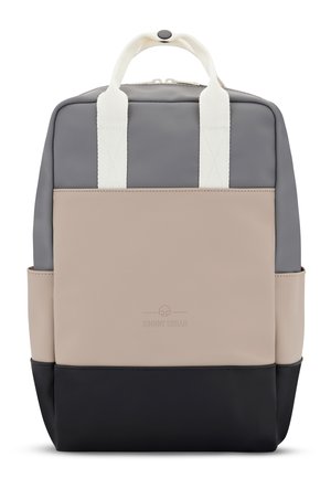 Backpack in grey, beige, and black. Made of smooth synthetic material, featuring two top handles and side pockets. Subtle branding on front.