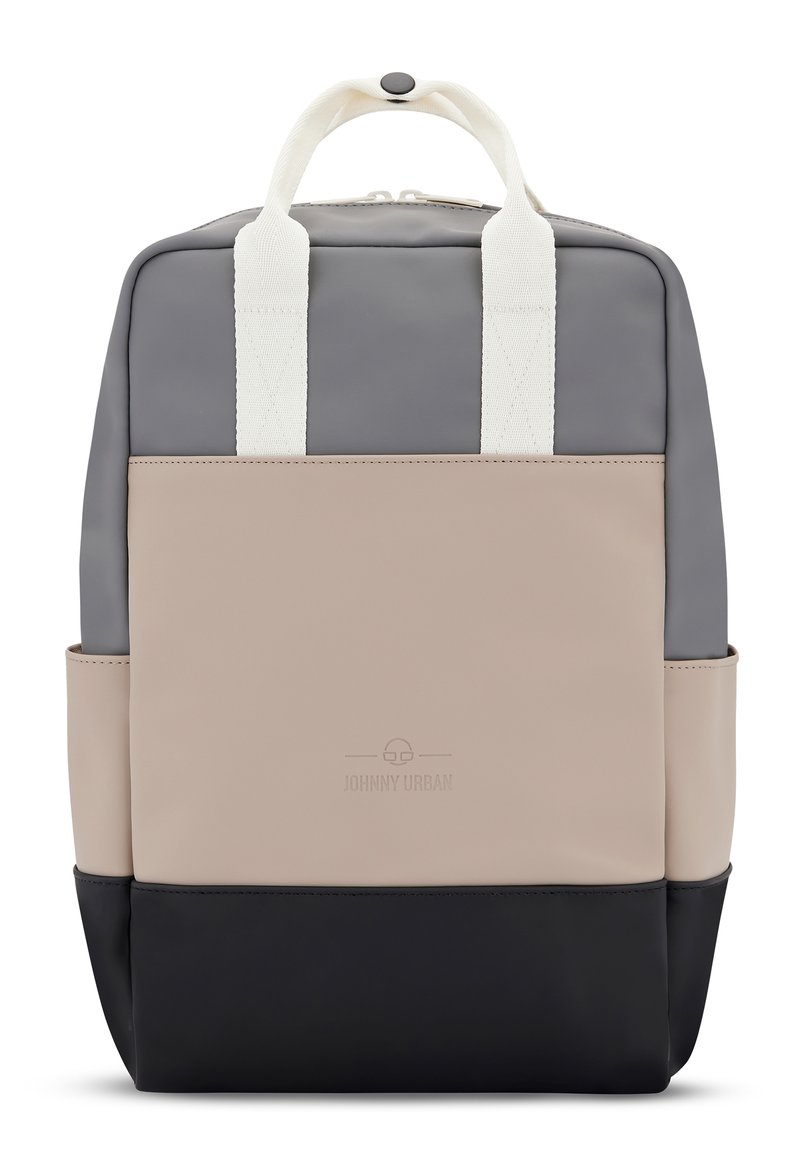 Backpack in grey, beige, and black. Made of smooth synthetic material, featuring two top handles and side pockets. Subtle branding on front.