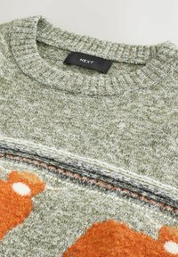 Zelený pletený sveter s rebrovaným výstrihom do okrúhla. Obsahuje oranžové a biele vzory, textúrovanú tkaninu a štítok s názvom "NEXT."