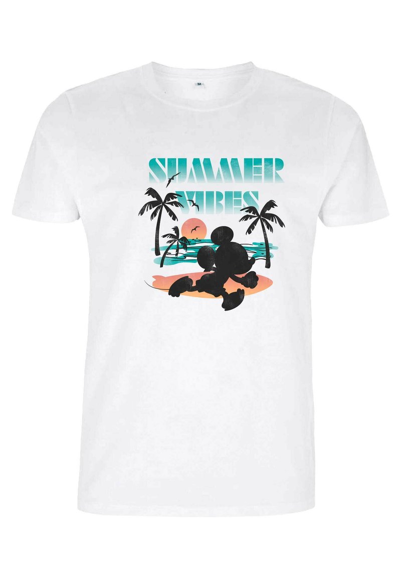 Hvid bomulds T-shirt med et farverigt grafisk motiv af palmer, en sol og teksten "SUMMER VIBES" i blå på fronten.