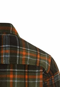 Grün-orange kariertes Flanellhemd mit Kragen, weichem Stoff und kontrastierenden weißen Linien im karierten Muster.