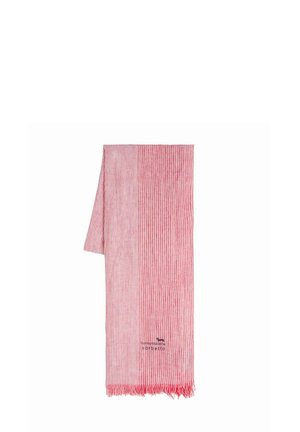 Lekki szalik w różowo-białe paski z frędzlami na brzegach i małym haftowanym logo przy jednym końcu.