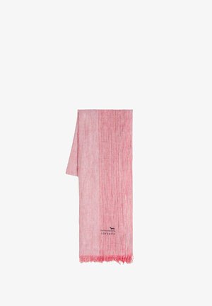 Lagani šal s ružičasto-bijelim prugama, resama na rubovima i malim izvezenim logotipom blizu jednog kraja.