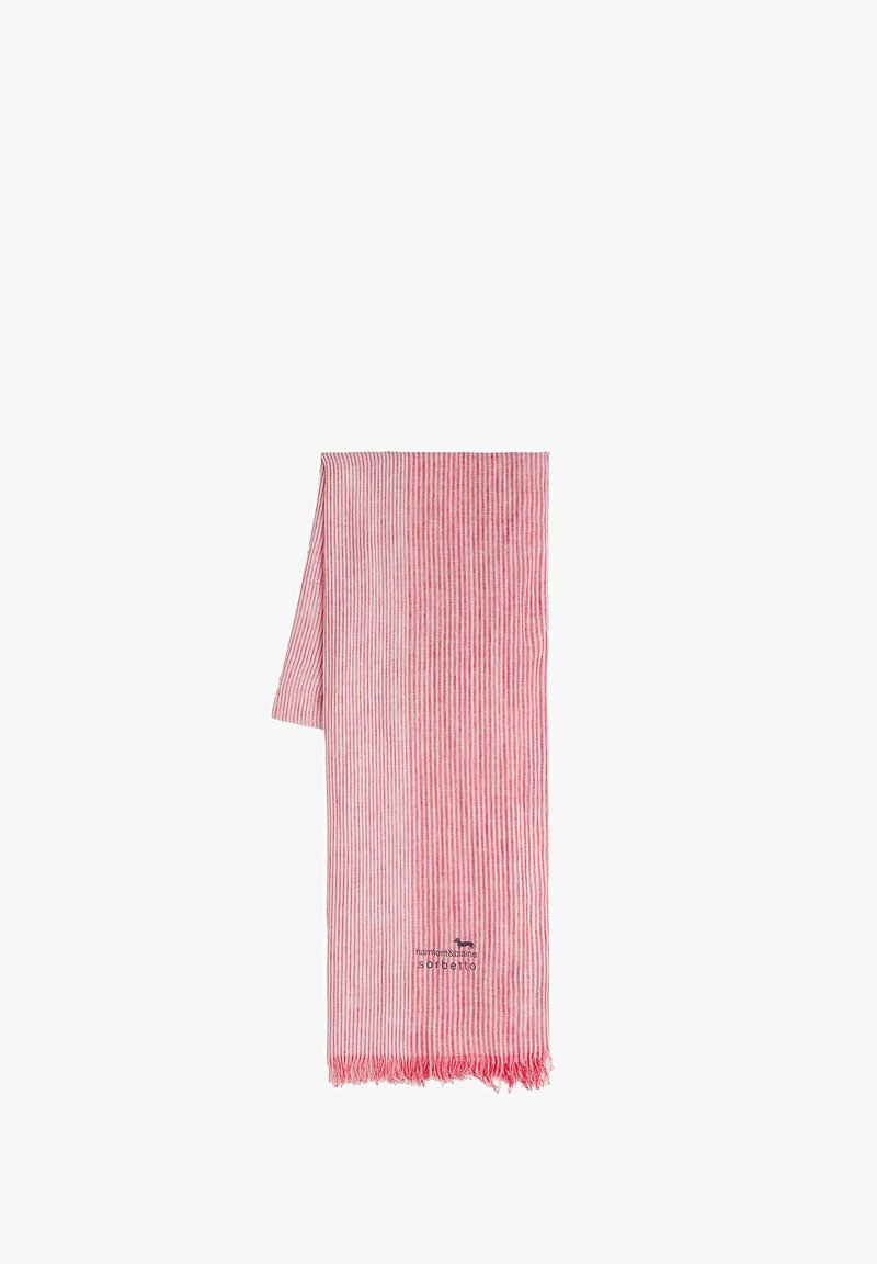 Roze-wit gestreepte lichte sjaal met franjes aan de randen en een klein geborduurd logo bij één uiteinde.