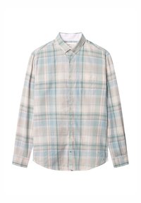 Camicia a maniche lunghe in un tessuto leggero e morbido con un motivo a quadri nei toni pastello di blu, beige e verde. Presenta un colletto con bottoni e una tasca.