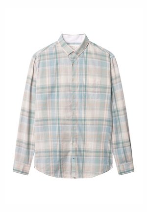 Langärmliges Hemd aus einem leichten, weichen Stoff mit einem Karomuster in Pastellblau, Beige und Grün. Verfügt über einen Button-down-Kragen und eine Tasche.