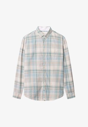Camicia a maniche lunghe in un tessuto leggero e morbido con un motivo a quadri nei toni pastello di blu, beige e verde. Presenta un colletto con bottoni e una tasca.