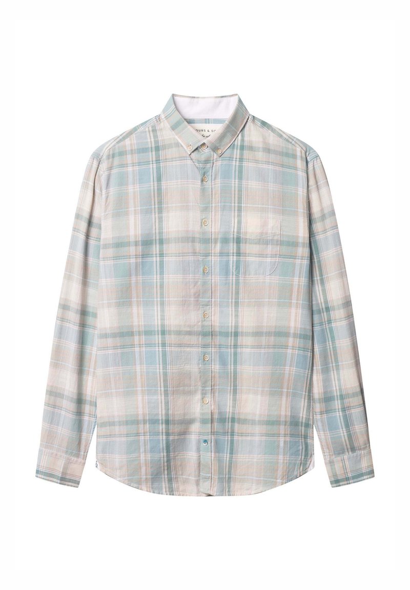 Camicia a maniche lunghe in un tessuto leggero e morbido con un motivo a quadri nei toni pastello di blu, beige e verde. Presenta un colletto con bottoni e una tasca.