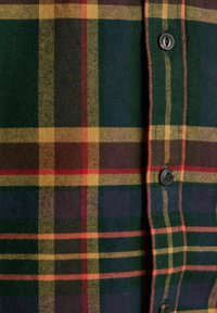 Tuvuma skats uz zaļu, tumši zilu, sarkanu un dzeltenu raibumainu audumu ar melnām pogām uz pogaļu apģērba.