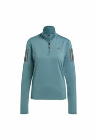 Teal long-sleeve pullover with a quarter-zip neck, featuring gray striped accents on the sleeves and an Adidas logo on the chest.