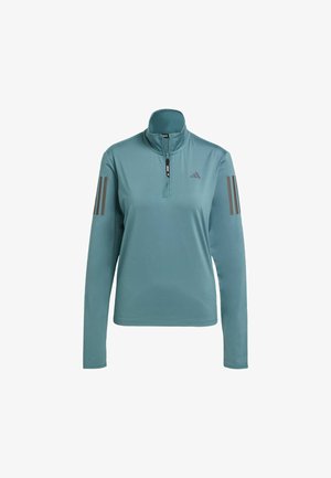 Teal long-sleeve pullover with a quarter-zip neck, featuring gray striped accents on the sleeves and an Adidas logo on the chest.