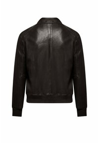 Giubbotto bomber in pelle nera con colletto, polsini e orlo a costine. Texture liscia, dettagli cuciti e design minimalista.