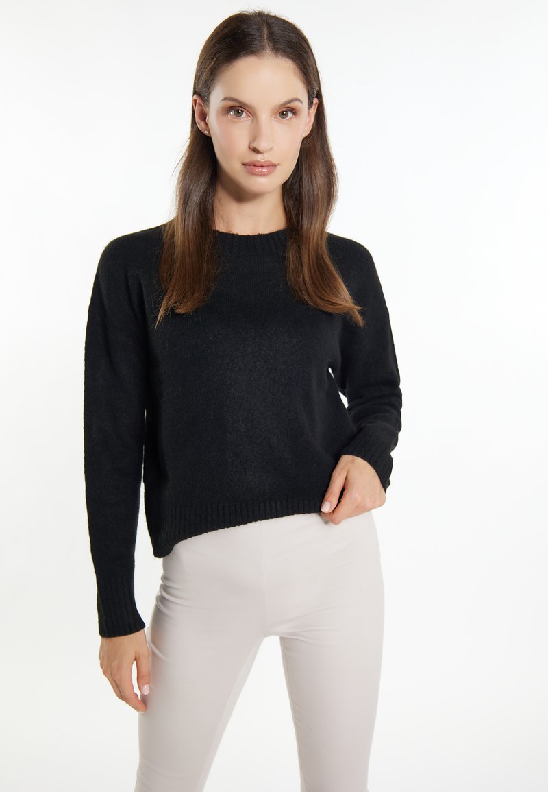 Pulover negru din tricot cu mâneci lungi, decolteu rotund și tiv cu dungi. Textură netedă, croi lejer. Asortat cu pantaloni de culoare deschisă.