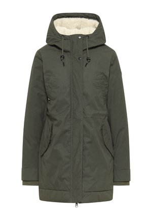 Parka verde oliva con cappuccio realizzata in un materiale liscio e resistente all'acqua. Presenta una fodera in fleece, due tasche laterali e una chiusura con zip.