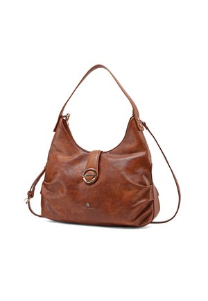 Borsa a tracolla in pelle marrone con una singola cinghia superiore, chiusura a anello metallico sulla patta frontale e dettaglio di cinghia laterale regolabile.