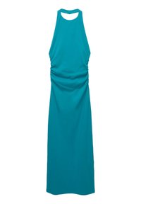 Robe sans manches de couleur bleu sarcelle, fabriquée en tissu doux, dotée d'un décolleté haut, de détails froncés sur les côtés et d'un dos ouvert.