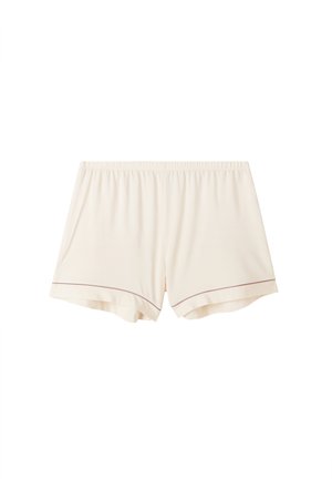 Lichtbeige shorts gemaakt van zachte stof, met een elastische tailleband en contrasterende stiksels in een gedempt mauve kleur langs de zoom.