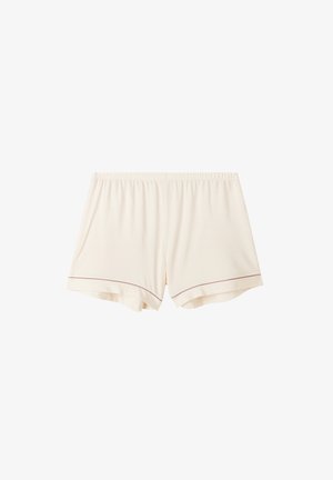 Light beige shorts made from soft fabric, featuring an elastic waistband and contrast stitching in a muted mauve color along the hem.